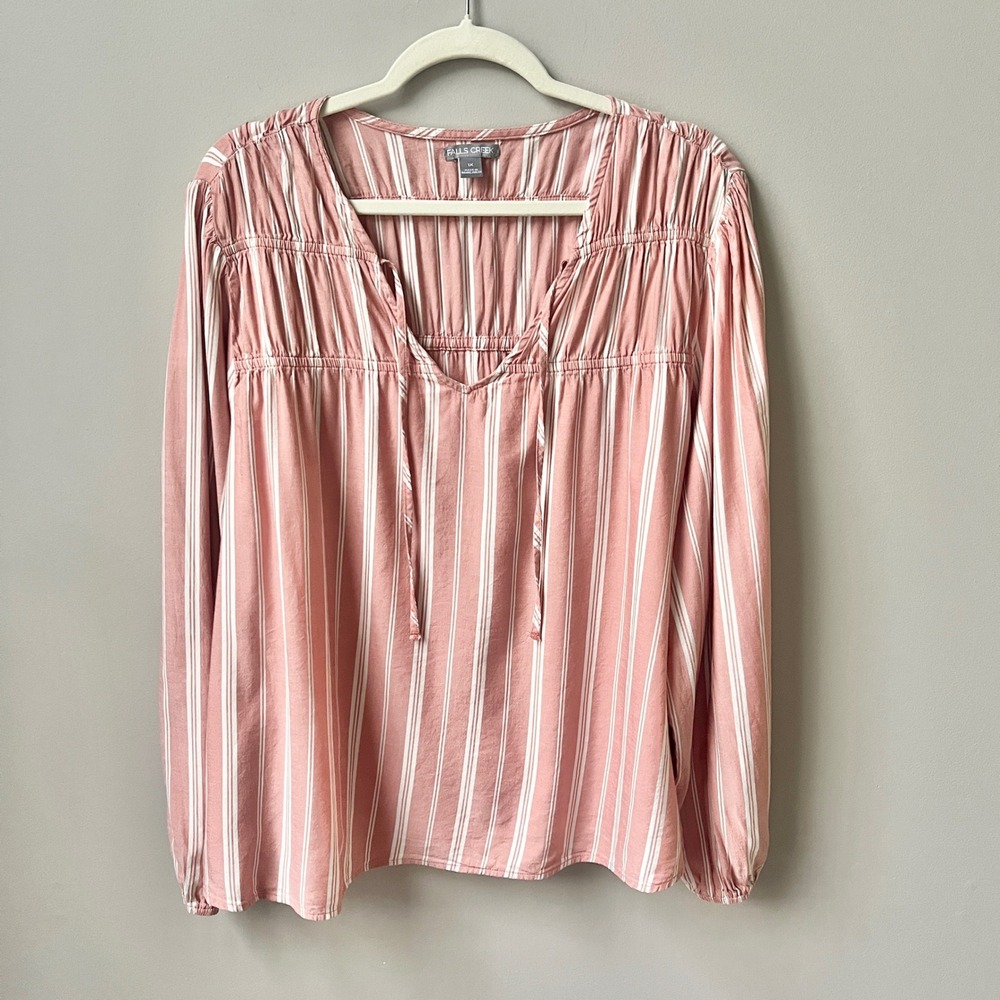 Falls Creek Top Women's 1X Ticking Stripes Dusty Pink White Coastal Cottage